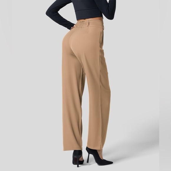 Halara High Waisted Button Zipper Side Pocket Shirred Straight Leg Work Pants - Picture 2 of 5